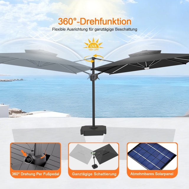 Patioslife Aegis Premium Ampelschirm mit integrierter LED-Beleuchtung, Fiberglasstreben, pulverbeschichtetem Aluminiumgestell und Schutzhülle