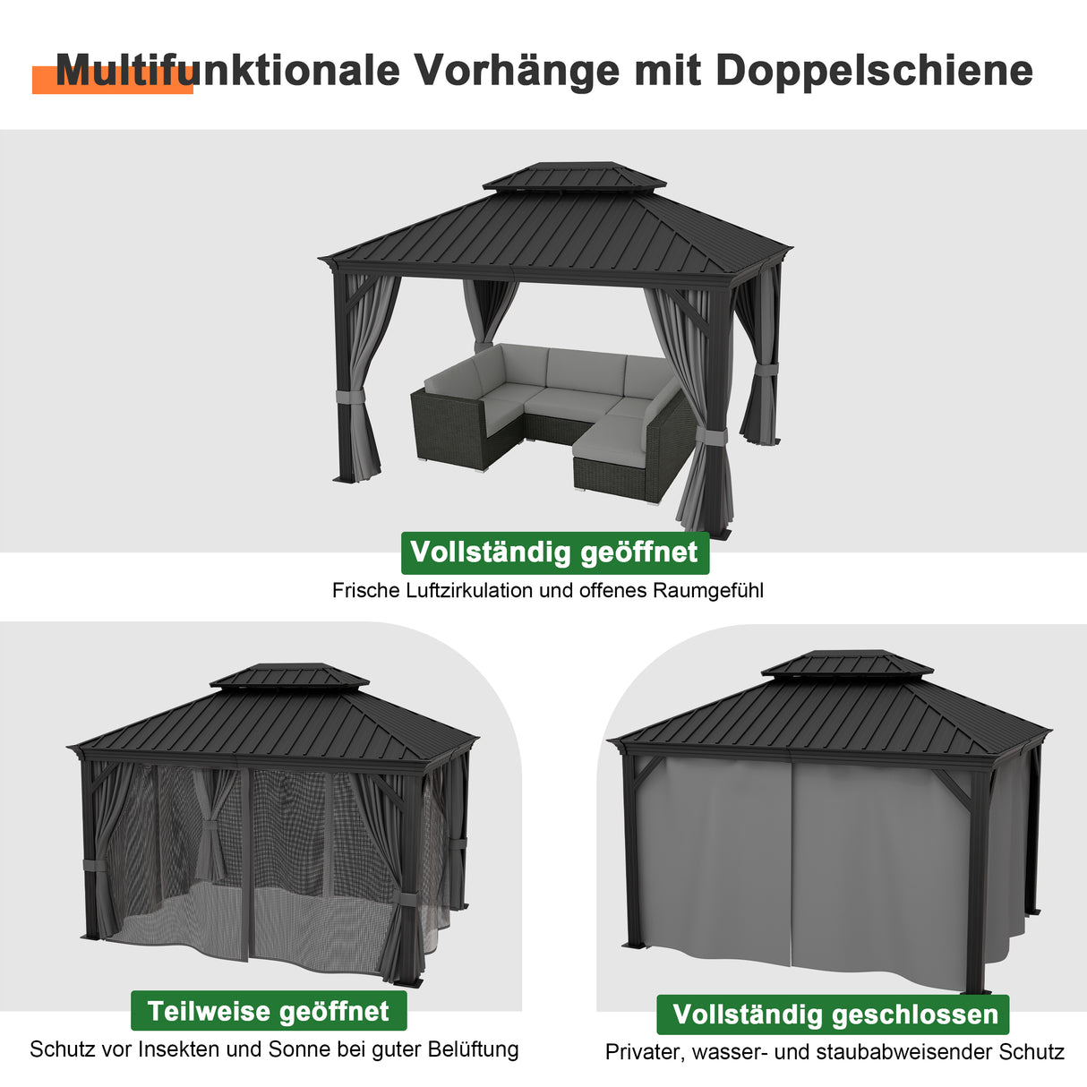 Patioslife Luxury Haven Hardtop-Pavillon aus Aluminium – 12x12 cm starke Pfosten, integrierte Entwässerung & doppelt belüftetes Dach mit Vorhängen