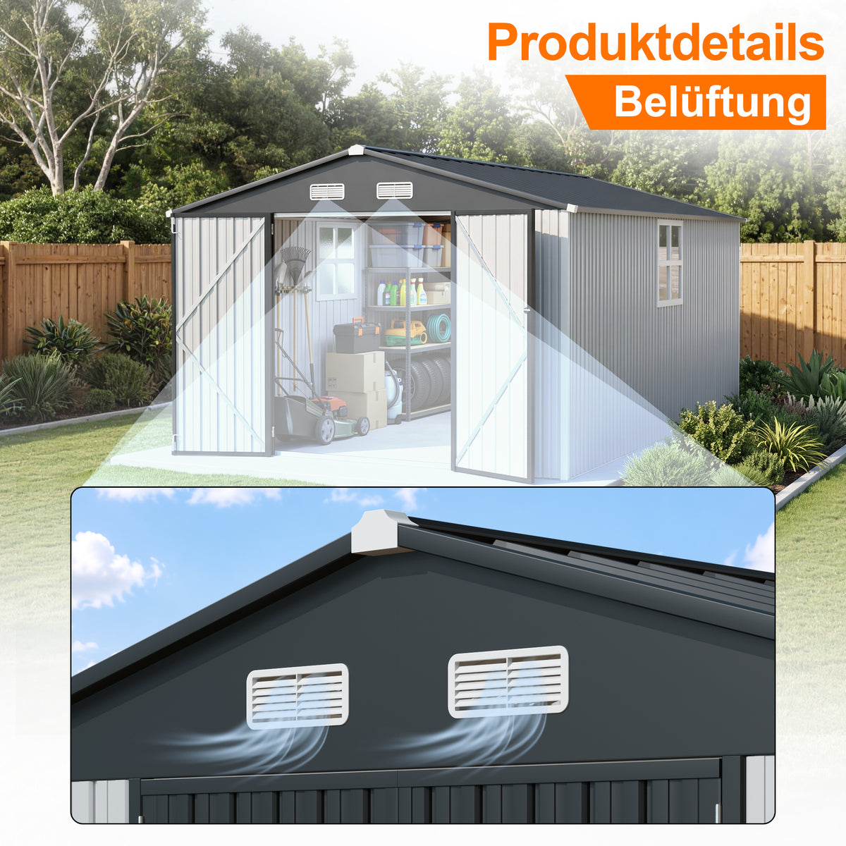 Patioslife YardVault Pro Gerätehaus Metall mit Fenster und abschließbarer Tür – aus verzinktem Stahl, rostgeschützt, extra stabil