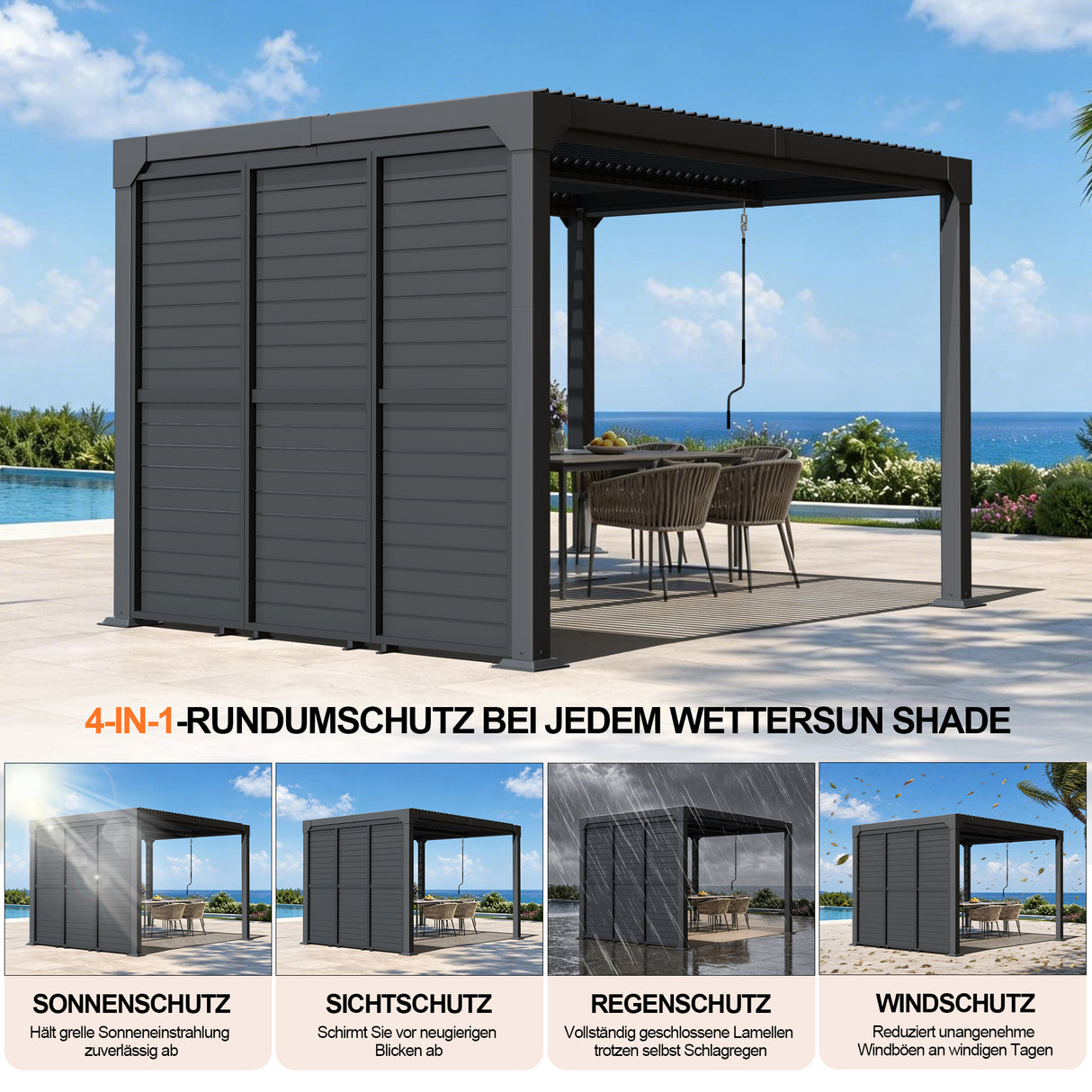 Patioslife Atlantic Series Pergola-Seitenwand aus Aluminium mit verstellbaren Lamellen – Sicht-, Sonnen- und Windschutz