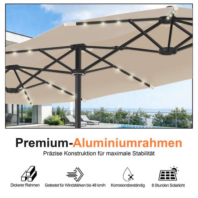 Patioslife Aegis – Motorisierter Doppeldach-Sonnenschirm mit Fernbedienung, UPF 50+, Solar-LED-Beleuchtung und sturmfestem Gestell