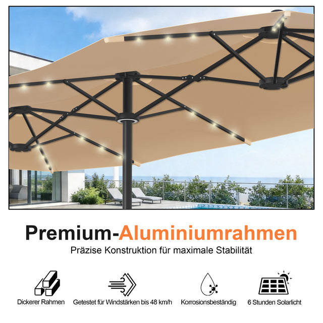 Patioslife Aegis – Motorisierter Doppeldach-Sonnenschirm mit Fernbedienung, UPF 50+, Solar-LED-Beleuchtung und sturmfestem Gestell
