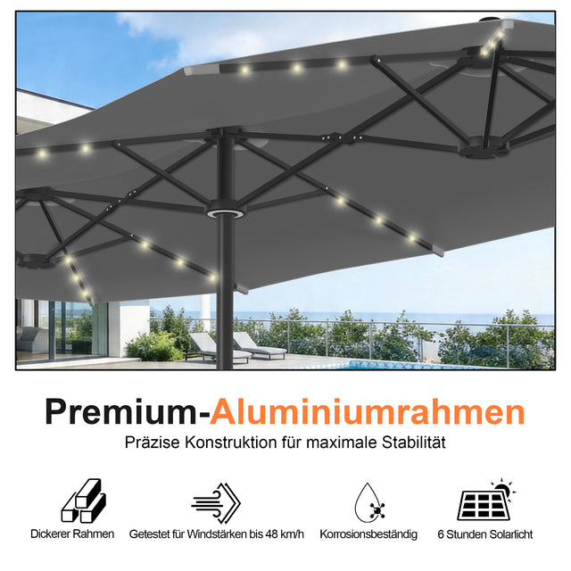 Patioslife Aegis – Motorisierter Doppeldach-Sonnenschirm mit Fernbedienung, UPF 50+, Solar-LED-Beleuchtung und sturmfestem Gestell