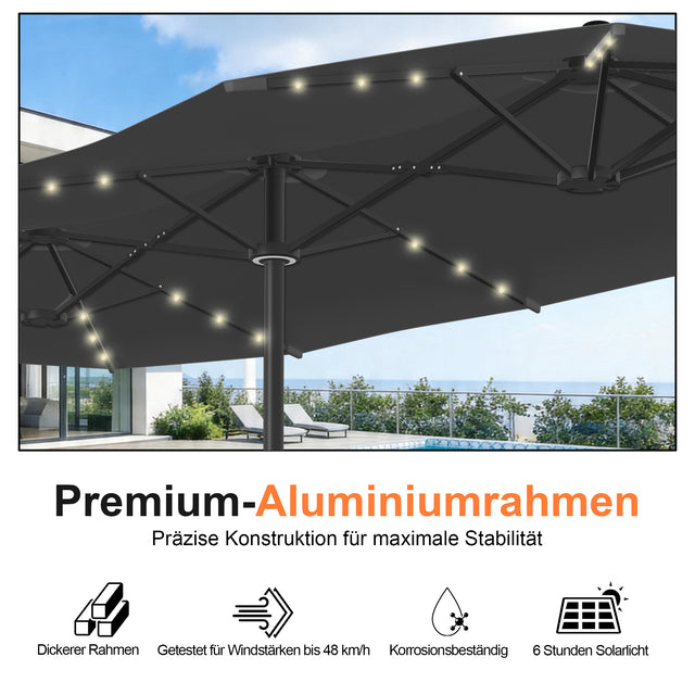 Patioslife Aegis – Motorisierter Doppeldach-Sonnenschirm mit Fernbedienung, UPF 50+, Solar-LED-Beleuchtung und sturmfestem Gestell