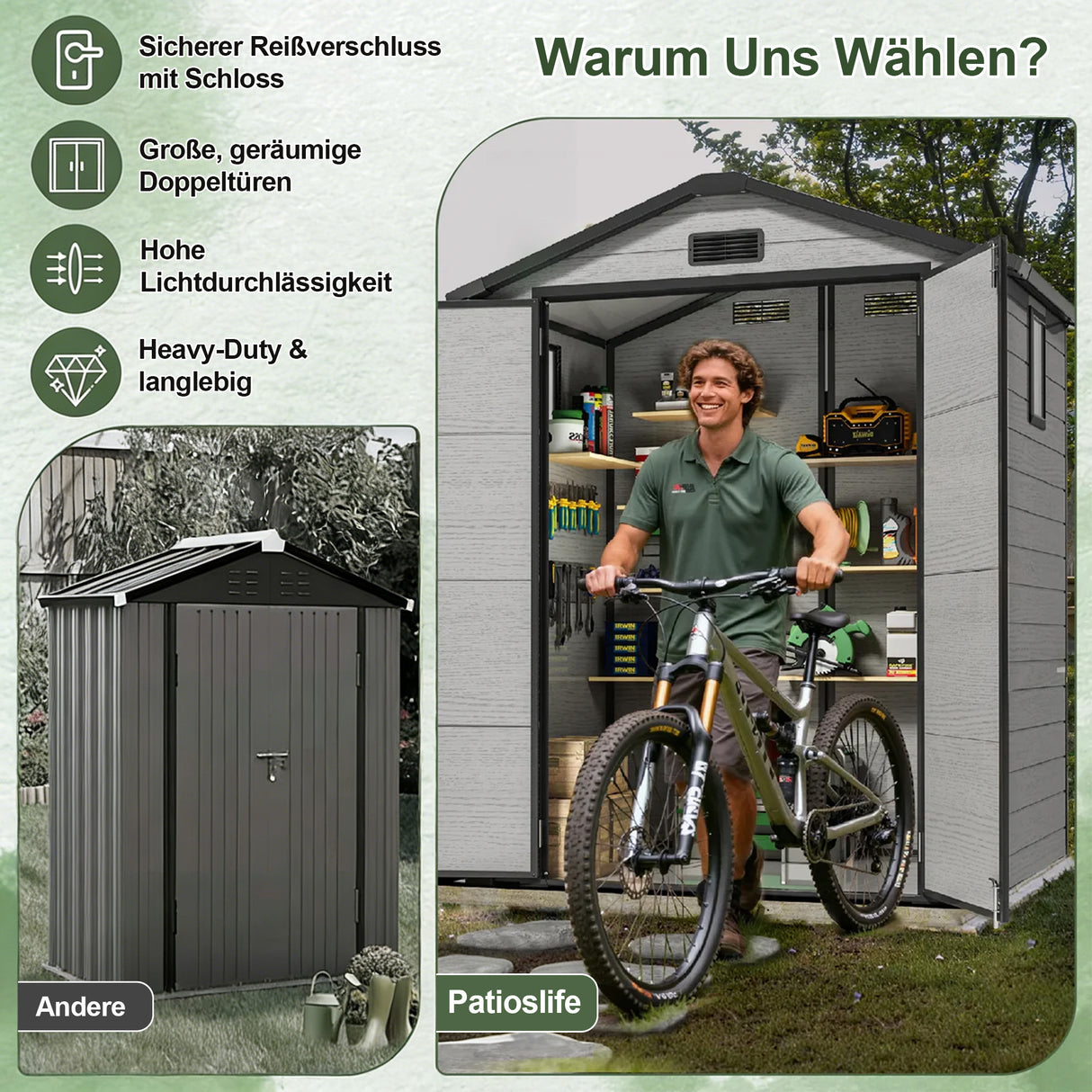 Patioslife YardVault Gerätehaus aus wetterfestem Kunstharz – mit Boden, Schloss und Fenster