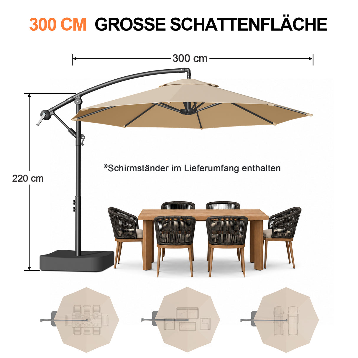 Patioslife Ampelschirm 3,0 m mit Standfuß – Stabiler Premium-Sonnenschirm für Terrasse, Garten & Lounge