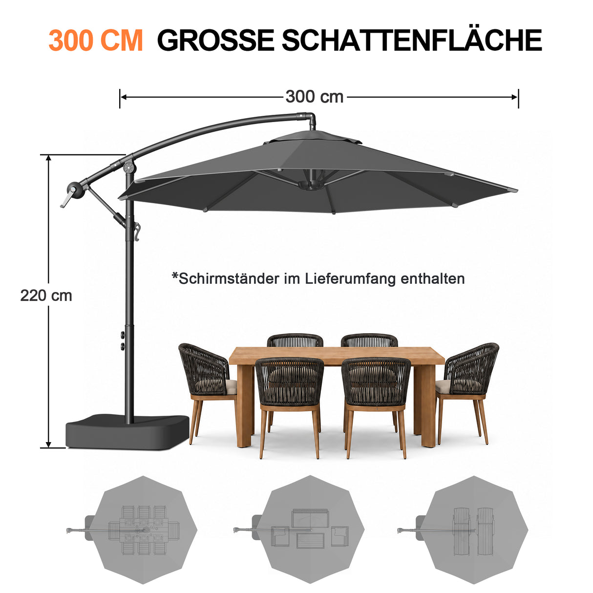 Patioslife Ampelschirm 3,0 m mit Standfuß – Stabiler Premium-Sonnenschirm für Terrasse, Garten & Lounge